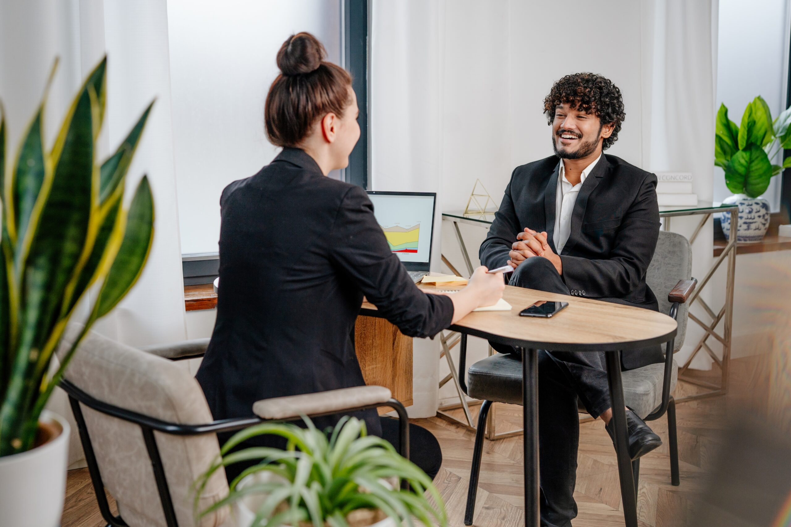 A job applicant being interviewed for a direct marketing job.
